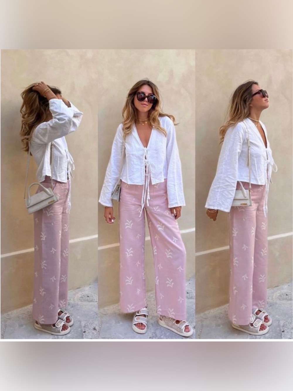 Zara Blush Pink Embroidered Wide Leg Crop Pants Size M cotton
